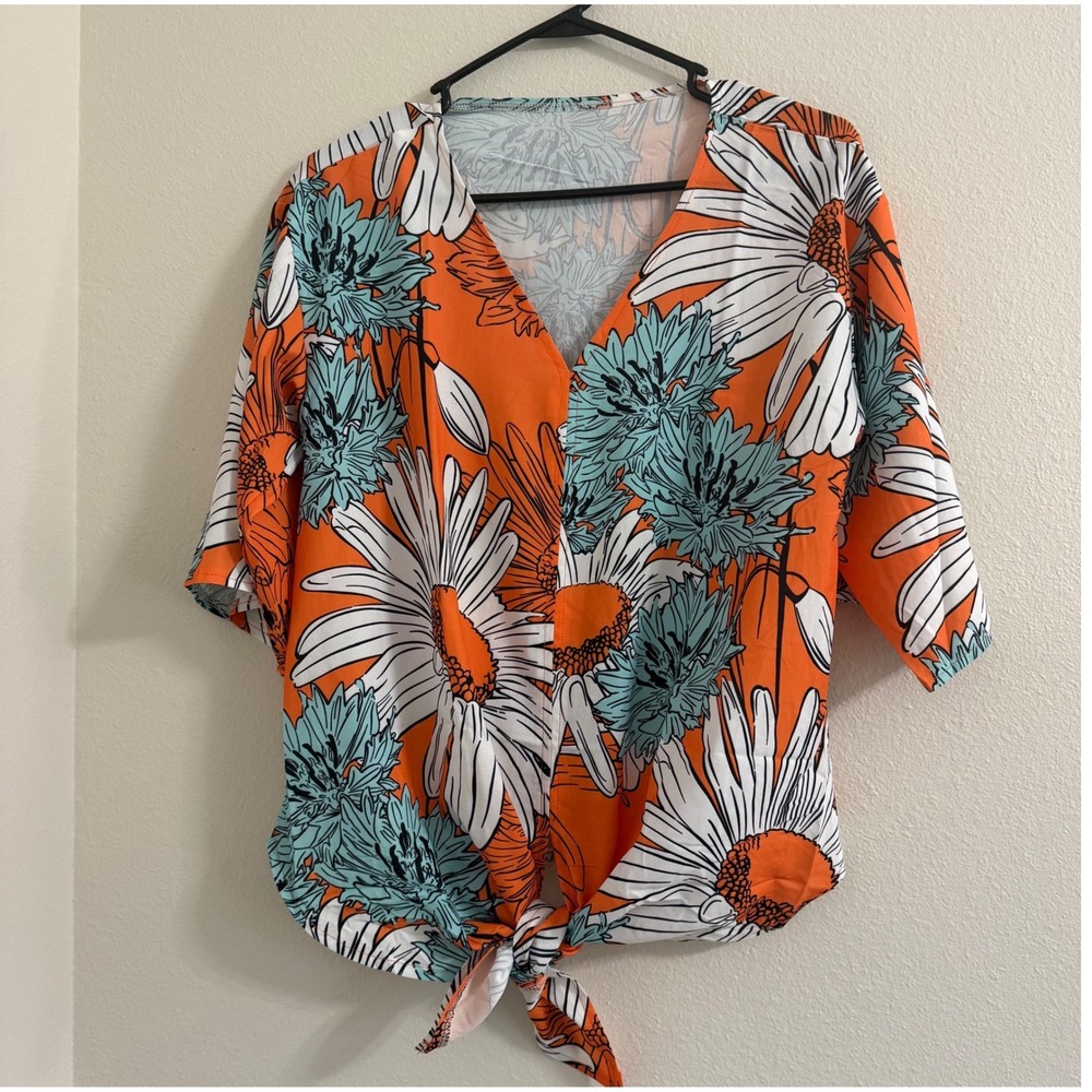 Orange Floral Daisy V-Neck Front Tie Blouse Top 3/4 Sleeve Small